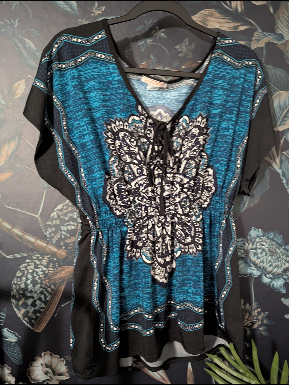 Vintage Y2K Claudia Richard Teal Blue Geometric Mandala Cinch Tunic Blouse XL